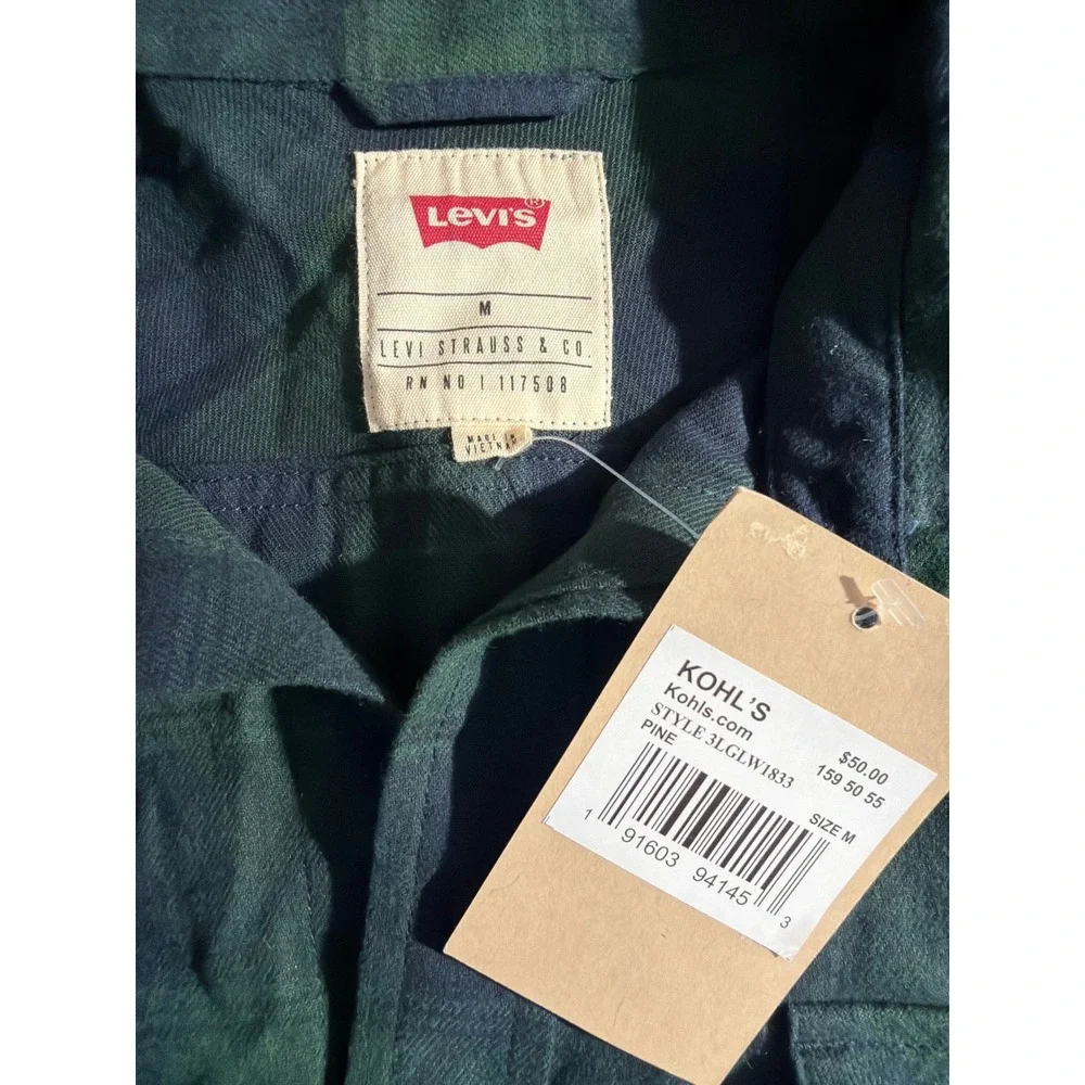 Levi's Flannel Shirt Mens Medium Pine Green Plaid Long Sleeve Button Down SEE